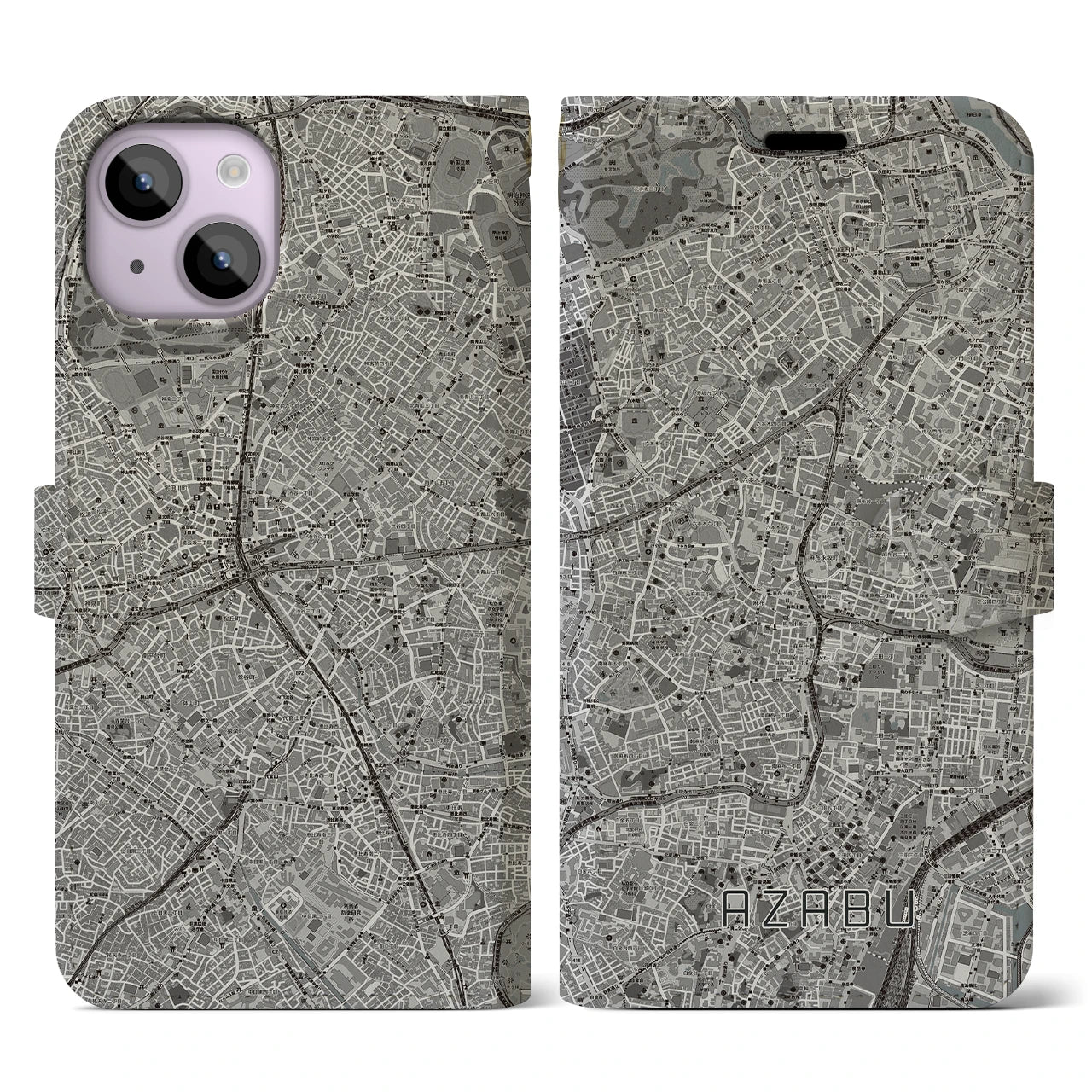 【麻布(東京都)】地図柄iPhoneケース(手帳タイプ)モノトーン・iPhone 14 用