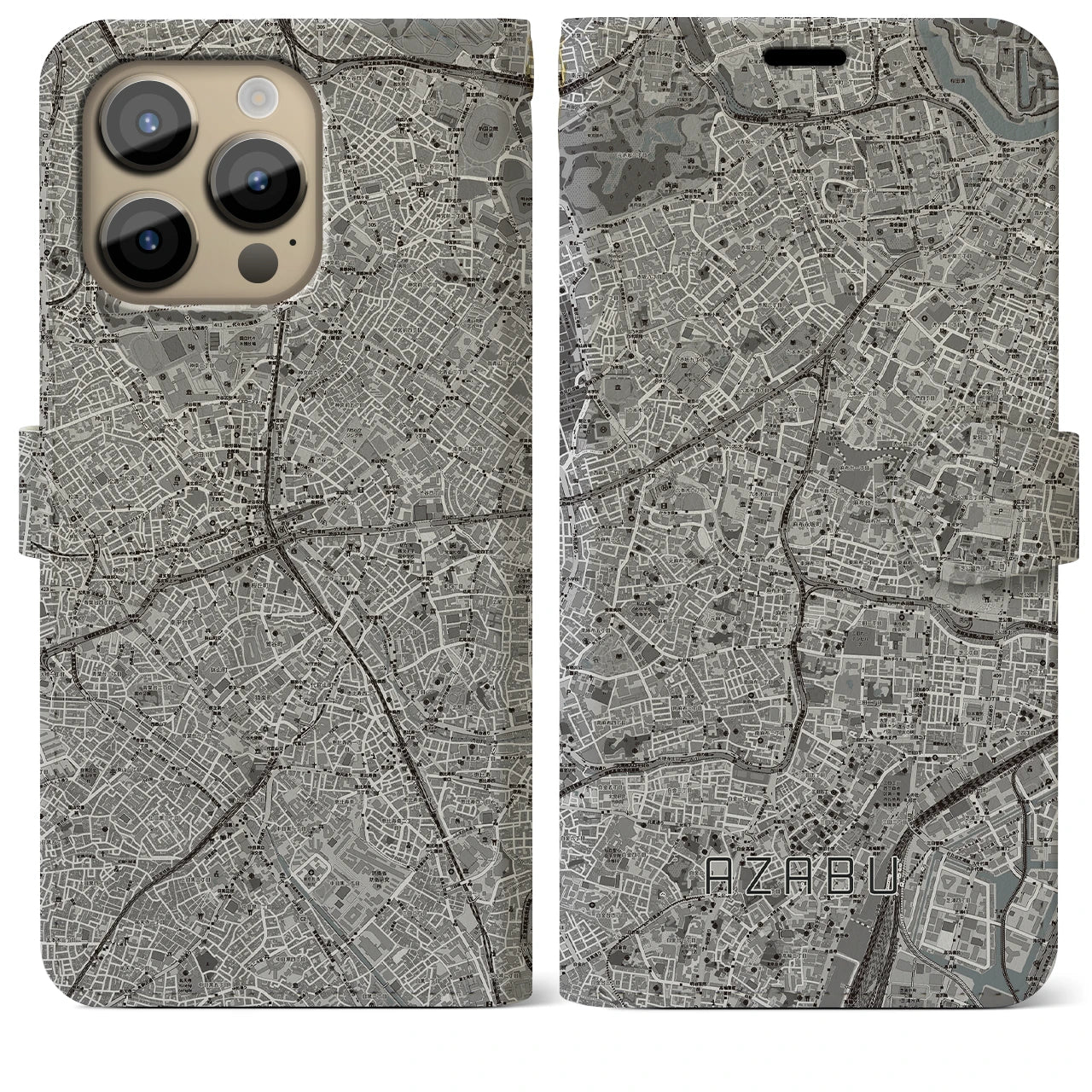 【麻布(東京都)】地図柄iPhoneケース(手帳タイプ)モノトーン・iPhone 14 Pro Max 用