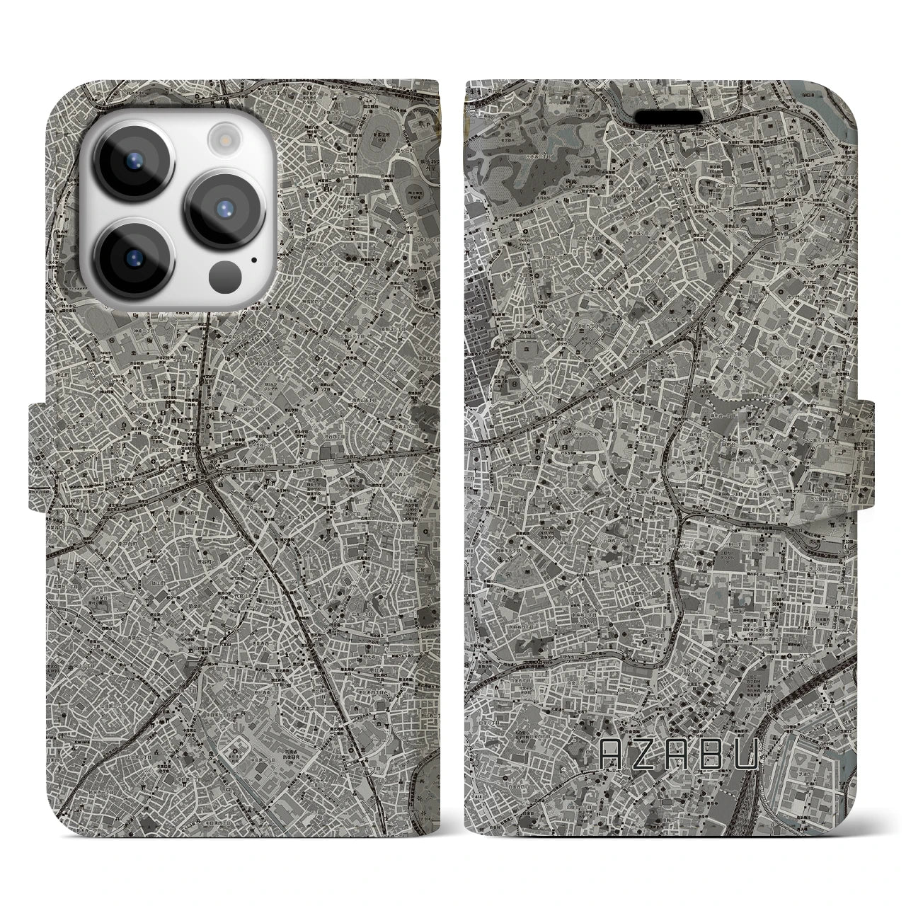 【麻布(東京都)】地図柄iPhoneケース(手帳タイプ)モノトーン・iPhone 14 Pro 用