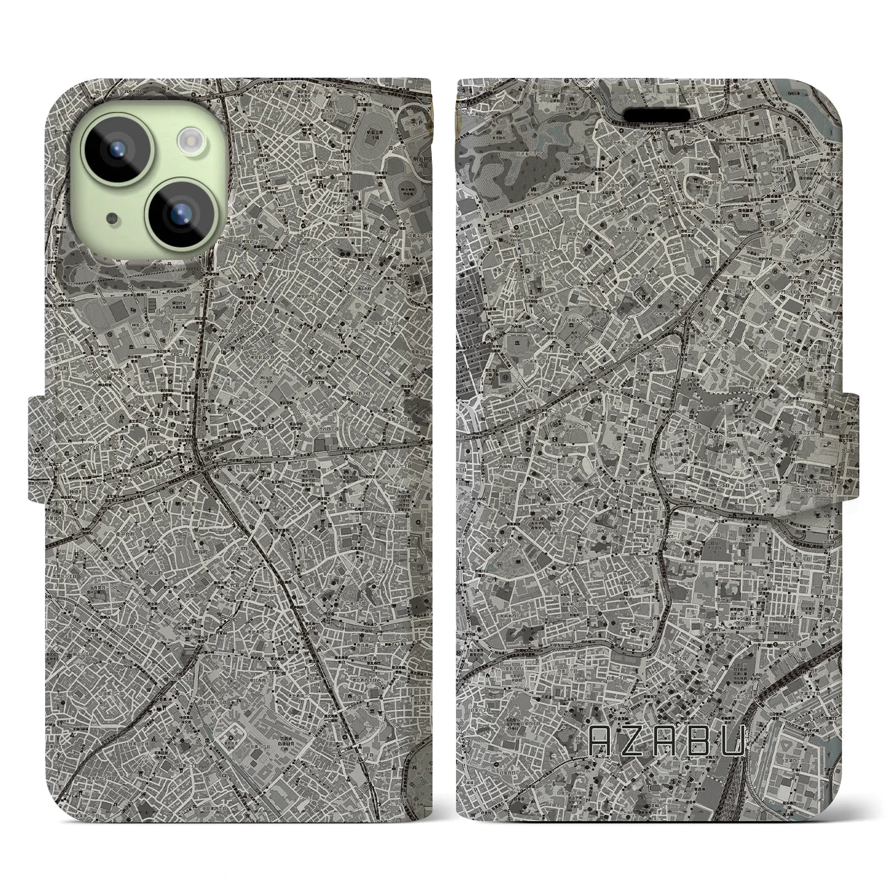 【麻布(東京都)】地図柄iPhoneケース(手帳タイプ)モノトーン・iPhone 15 用