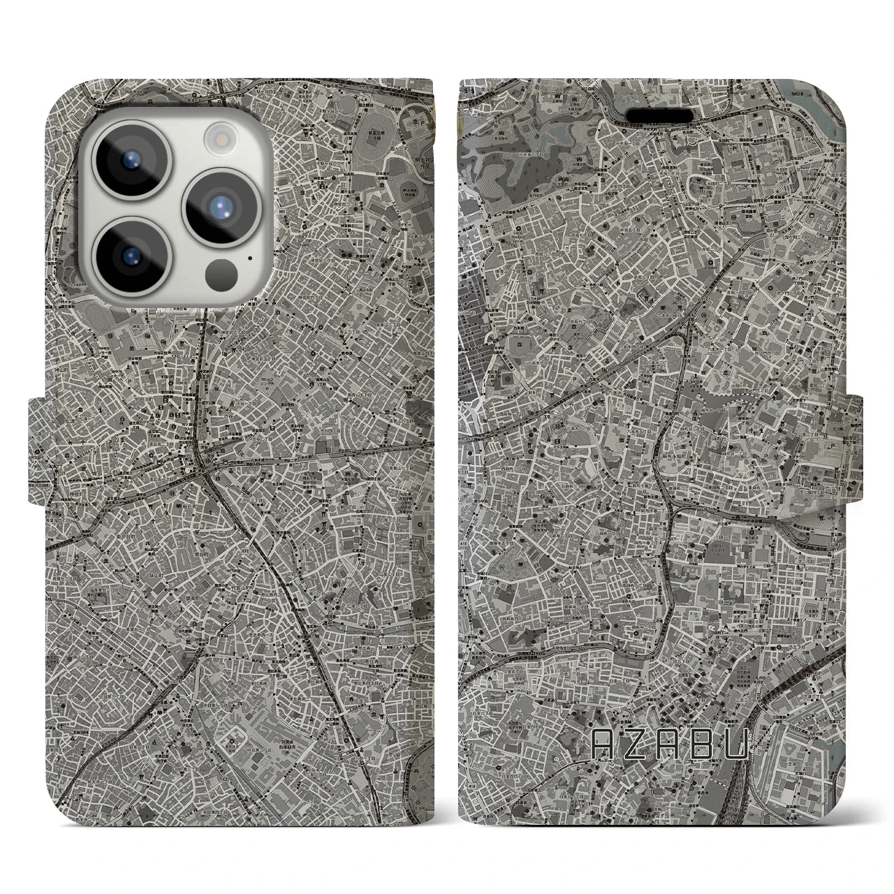 【麻布(東京都)】地図柄iPhoneケース(手帳タイプ)モノトーン・iPhone 15 Pro 用