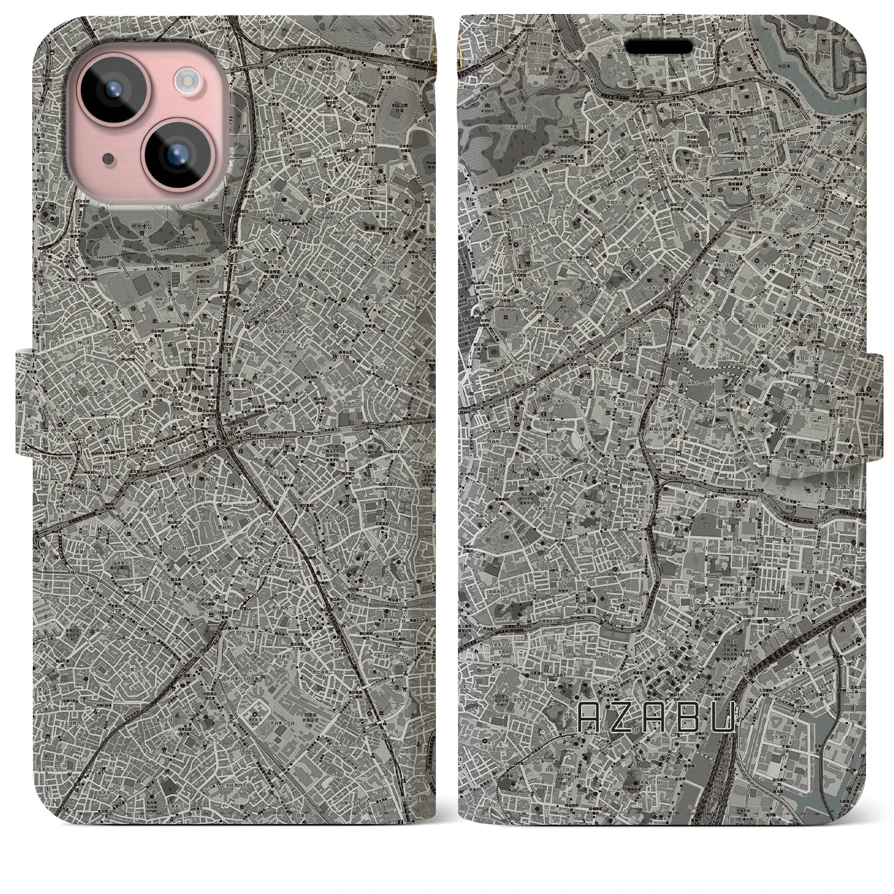 【麻布(東京都)】地図柄iPhoneケース(手帳タイプ)モノトーン・iPhone 15 Plus 用