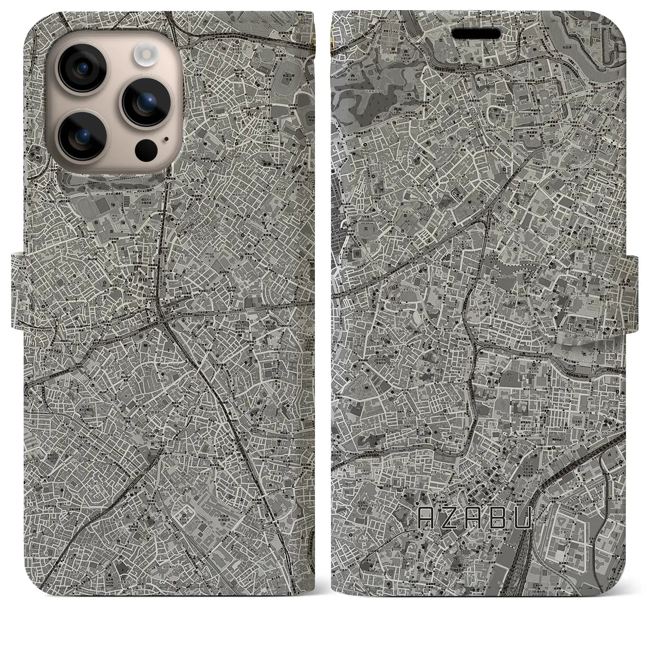 【麻布(東京都)】地図柄iPhoneケース(手帳タイプ)モノトーン・iPhone 16 Plus 用