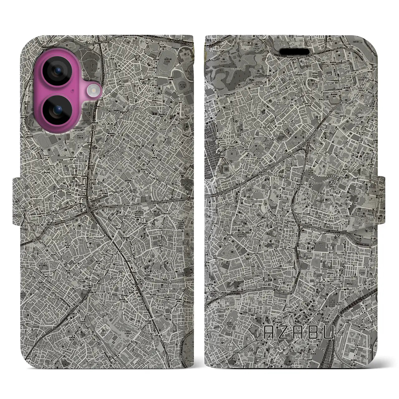 【麻布(東京都)】地図柄iPhoneケース(手帳タイプ)モノトーン・iPhone 16 Pro 用