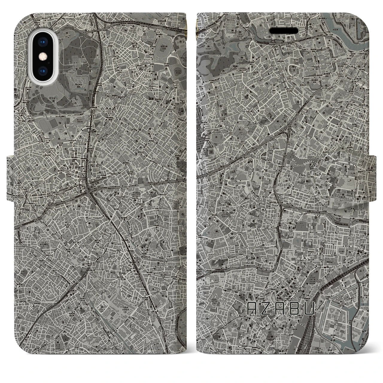 【麻布(東京都)】地図柄iPhoneケース(手帳タイプ)モノトーン・iPhone XS Max 用