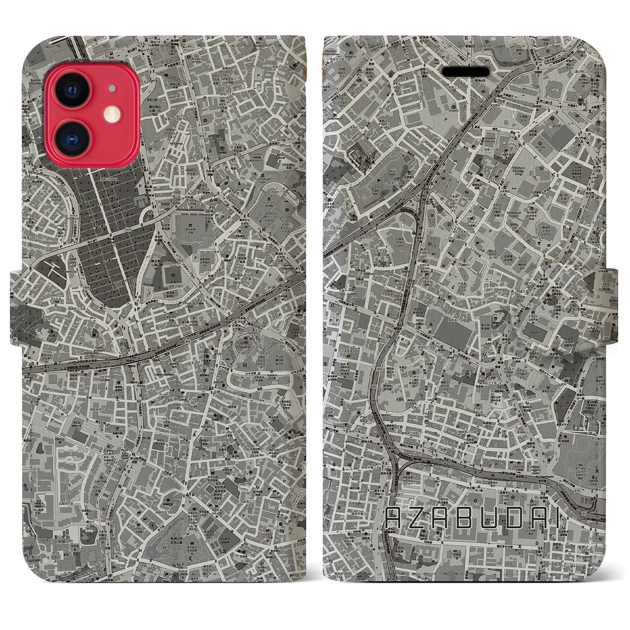 【麻布台(東京都)】地図柄iPhoneケース(手帳タイプ)モノトーン・iPhone 11 用