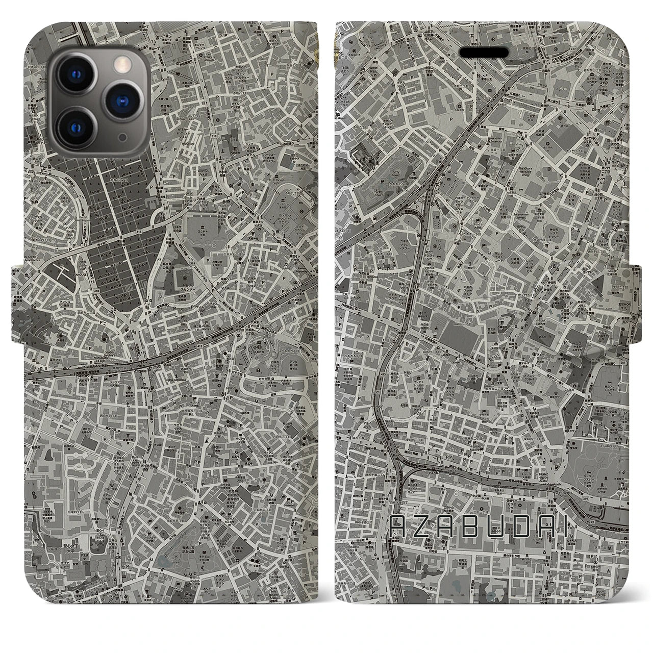 【麻布台(東京都)】地図柄iPhoneケース(手帳タイプ)モノトーン・iPhone 11 Pro Max 用