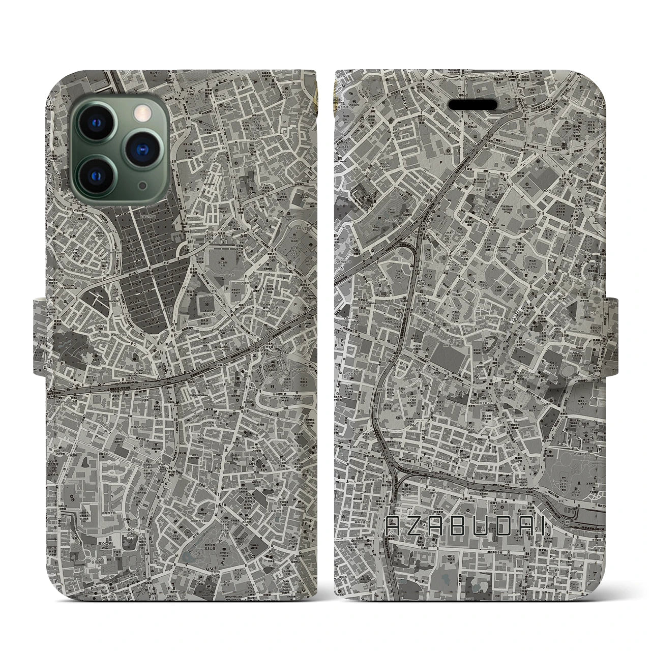 【麻布台(東京都)】地図柄iPhoneケース(手帳タイプ)モノトーン・iPhone 11 Pro 用