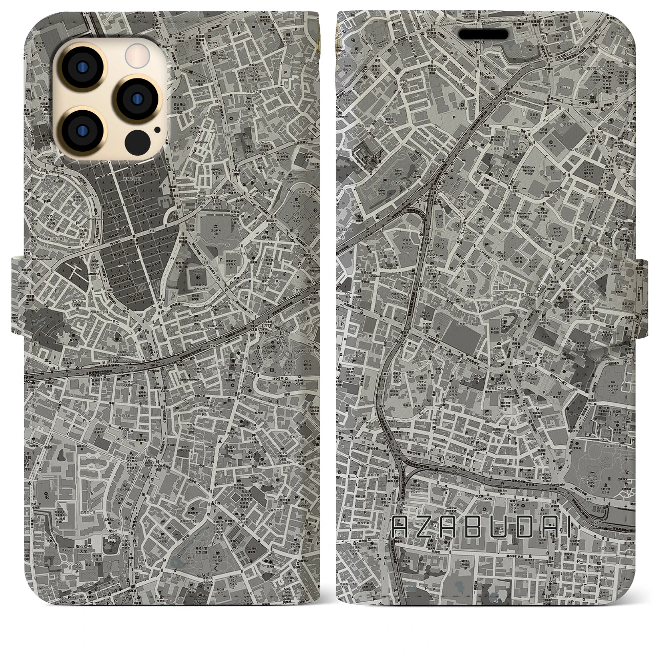 【麻布台(東京都)】地図柄iPhoneケース(手帳タイプ)モノトーン・iPhone 12 Pro Max 用