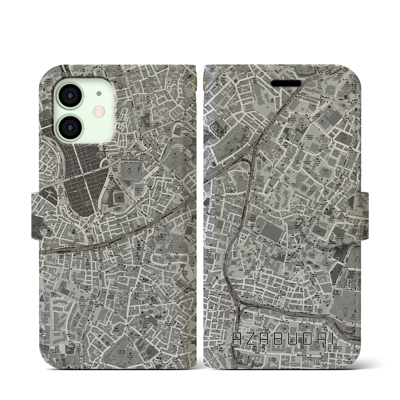 【麻布台(東京都)】地図柄iPhoneケース(手帳タイプ)モノトーン・iPhone 12 mini 用