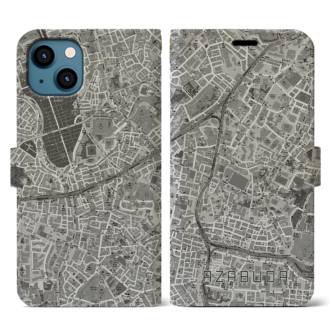 【麻布台(東京都)】地図柄iPhoneケース(手帳タイプ)モノトーン・iPhone 13 用