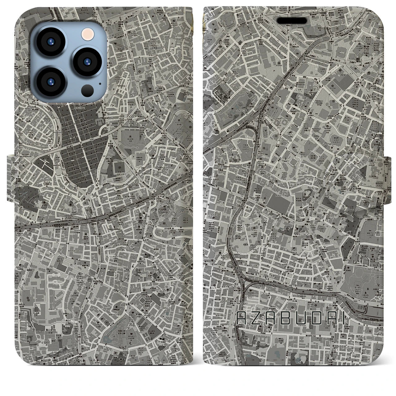 【麻布台(東京都)】地図柄iPhoneケース(手帳タイプ)モノトーン・iPhone 13 Pro Max 用