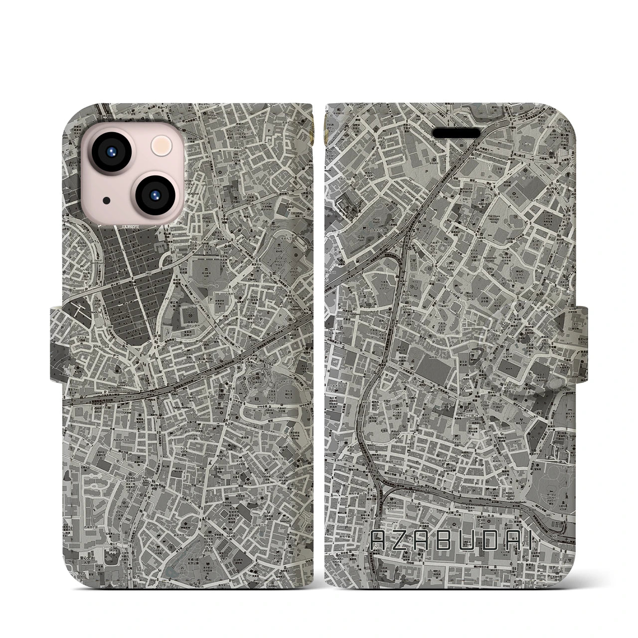 【麻布台(東京都)】地図柄iPhoneケース(手帳タイプ)モノトーン・iPhone 13 mini 用