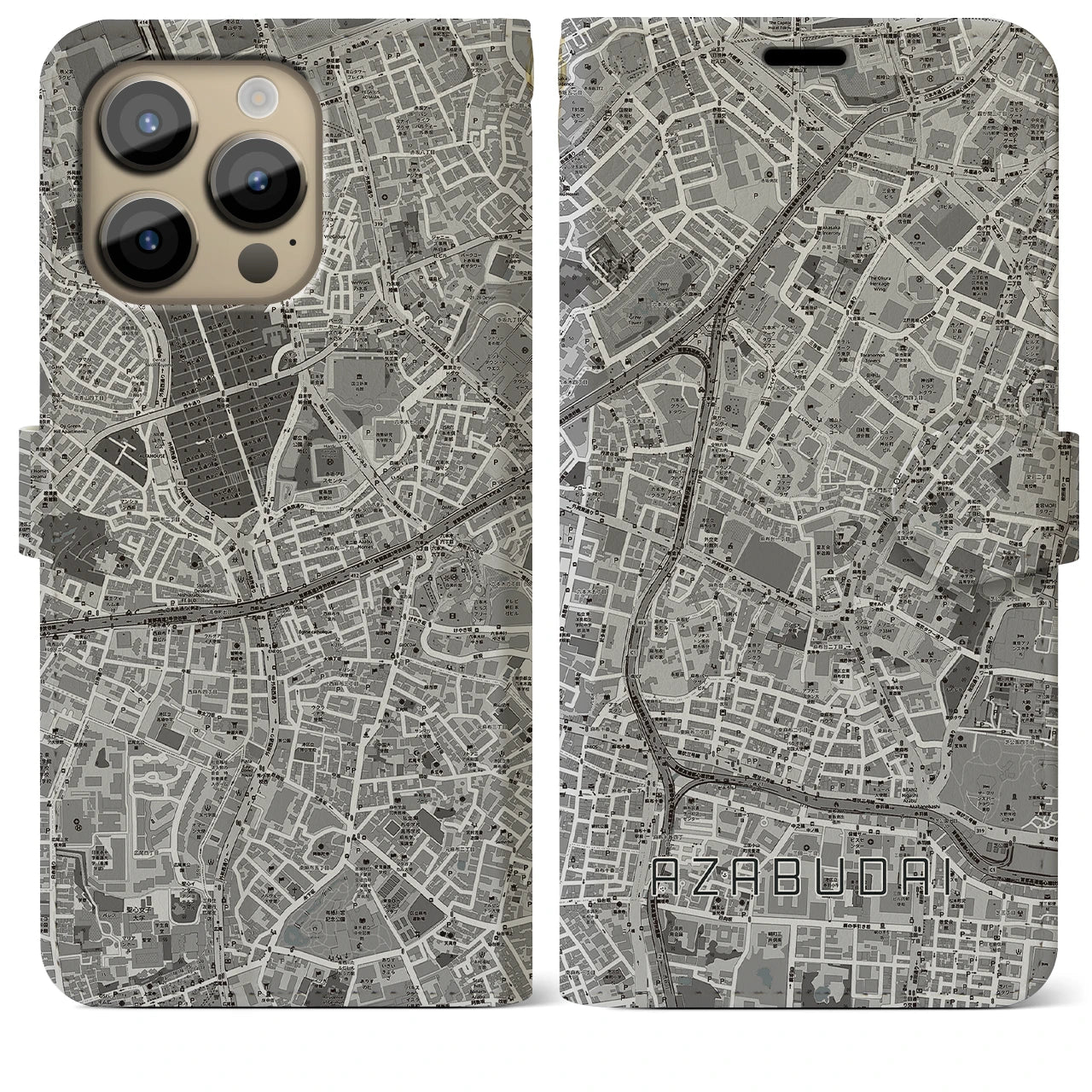 【麻布台(東京都)】地図柄iPhoneケース(手帳タイプ)モノトーン・iPhone 14 Pro Max 用