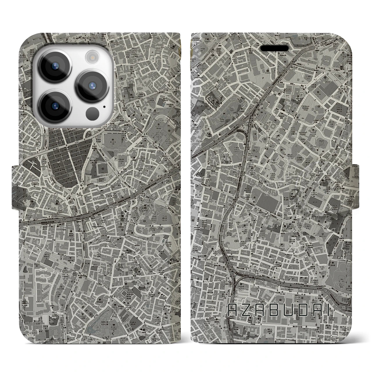 【麻布台(東京都)】地図柄iPhoneケース(手帳タイプ)モノトーン・iPhone 14 Pro 用