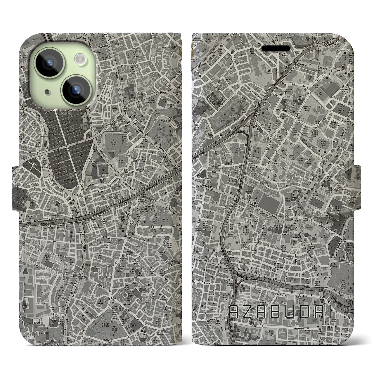 【麻布台(東京都)】地図柄iPhoneケース(手帳タイプ)モノトーン・iPhone 15 用