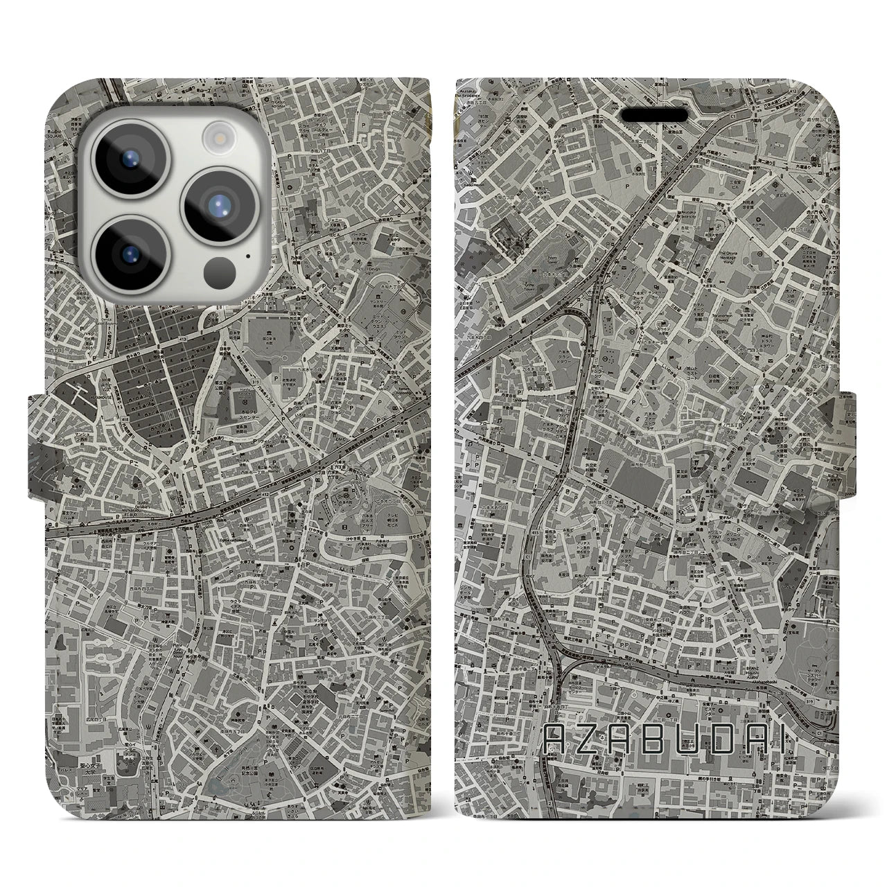 【麻布台(東京都)】地図柄iPhoneケース(手帳タイプ)モノトーン・iPhone 15 Pro 用