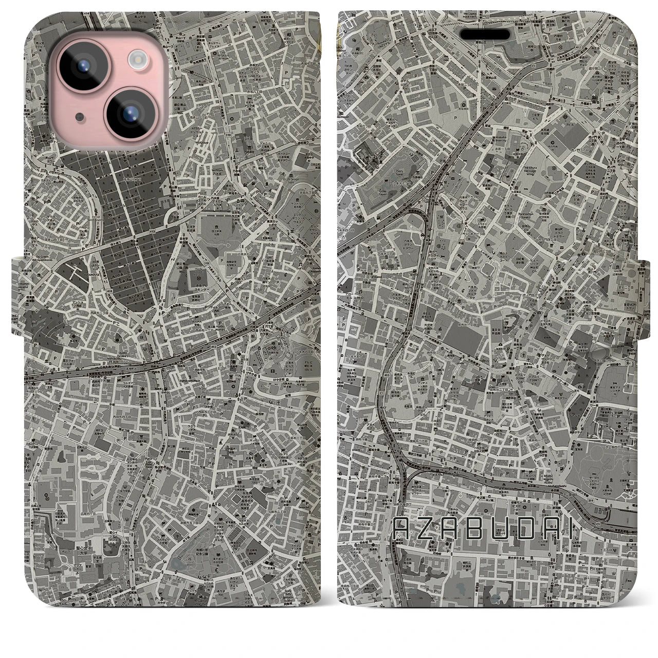 【麻布台(東京都)】地図柄iPhoneケース(手帳タイプ)モノトーン・iPhone 15 Plus 用