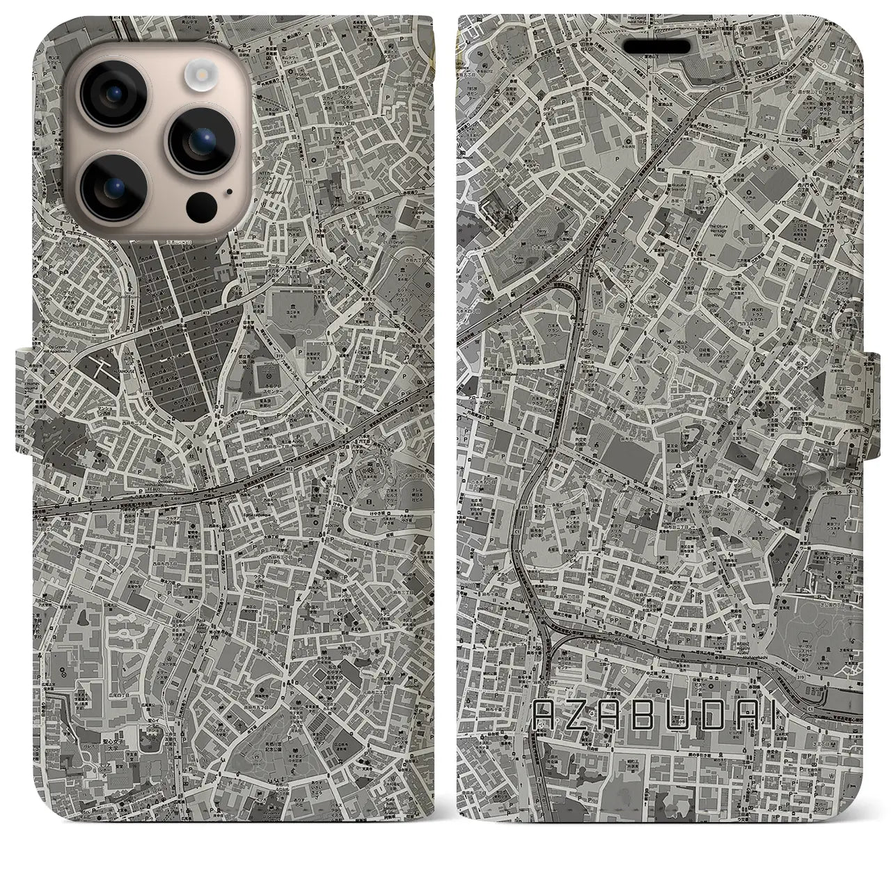 【麻布台(東京都)】地図柄iPhoneケース(手帳タイプ)モノトーン・iPhone 16 Plus 用