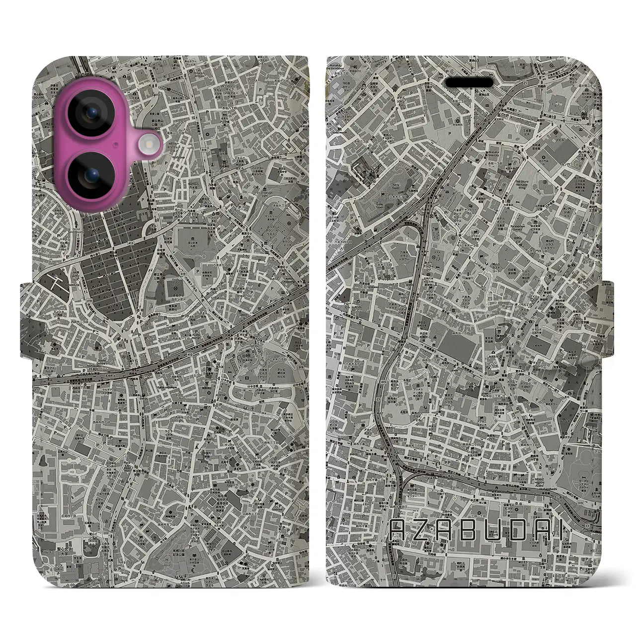 【麻布台(東京都)】地図柄iPhoneケース(手帳タイプ)モノトーン・iPhone 16 Pro 用