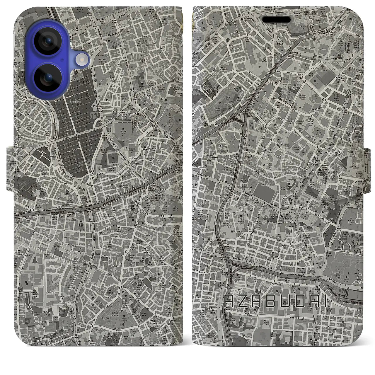 【麻布台(東京都)】地図柄iPhoneケース(手帳タイプ)モノトーン・iPhone 16 Pro Max 用