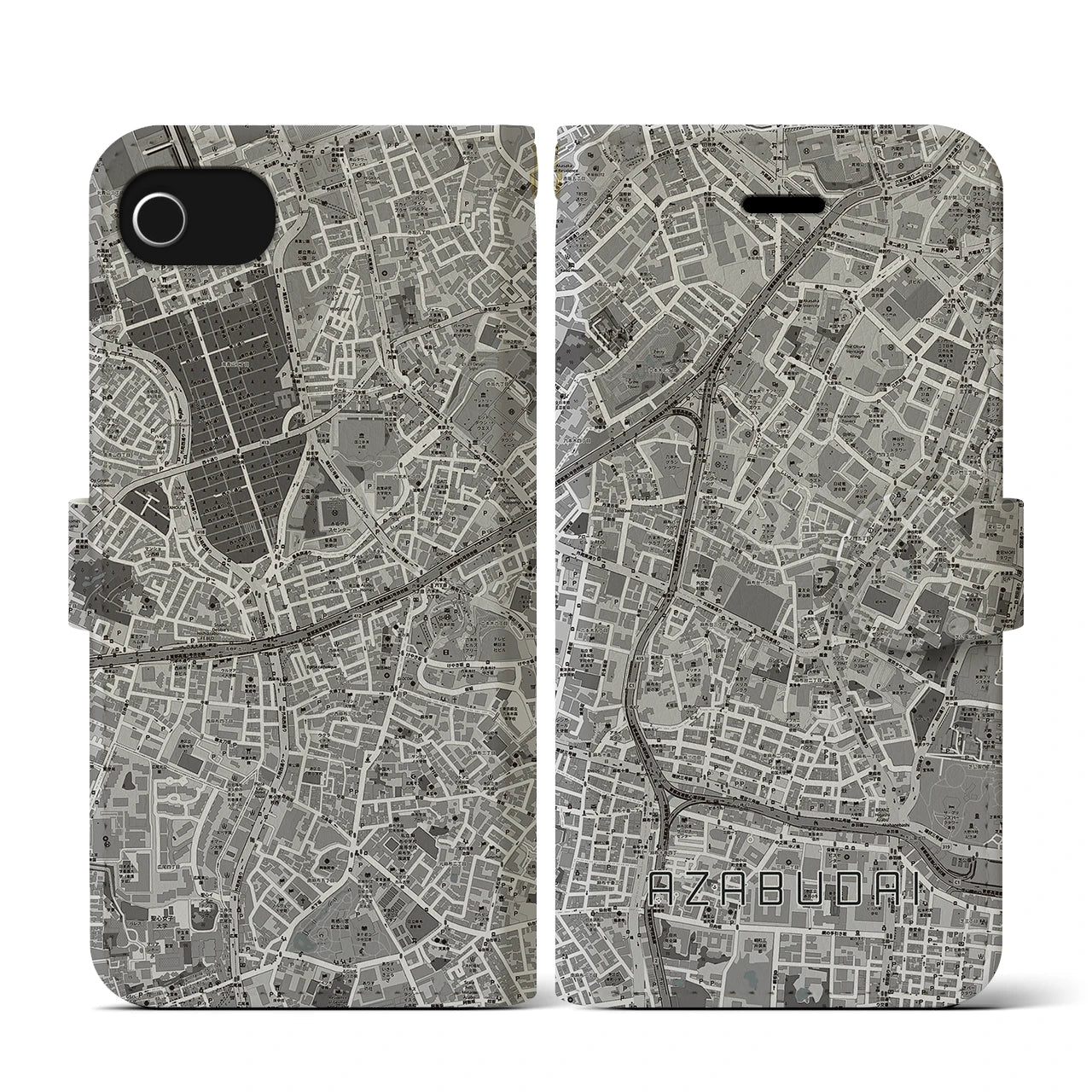 【麻布台(東京都)】地図柄iPhoneケース(手帳タイプ)モノトーン・iPhone SE(第3 / 第2世代) / 8 / 7 / 6s / 6 用