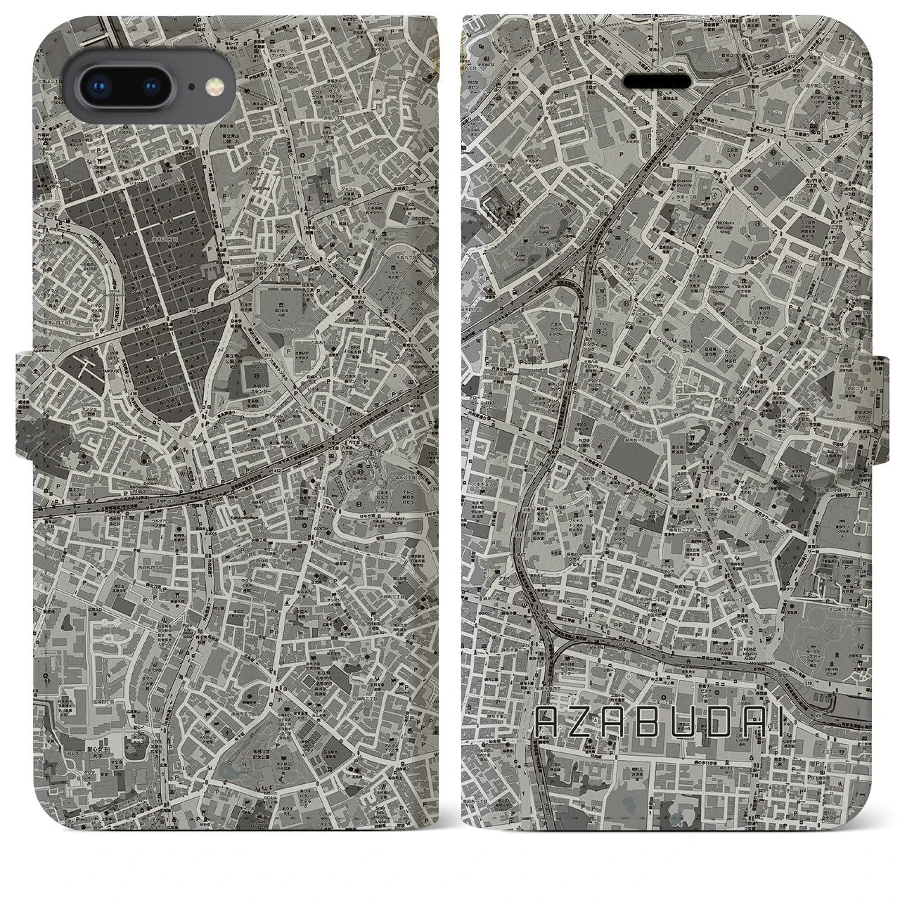 【麻布台(東京都)】地図柄iPhoneケース(手帳タイプ)モノトーン・iPhone 8Plus /7Plus / 6sPlus / 6Plus 用