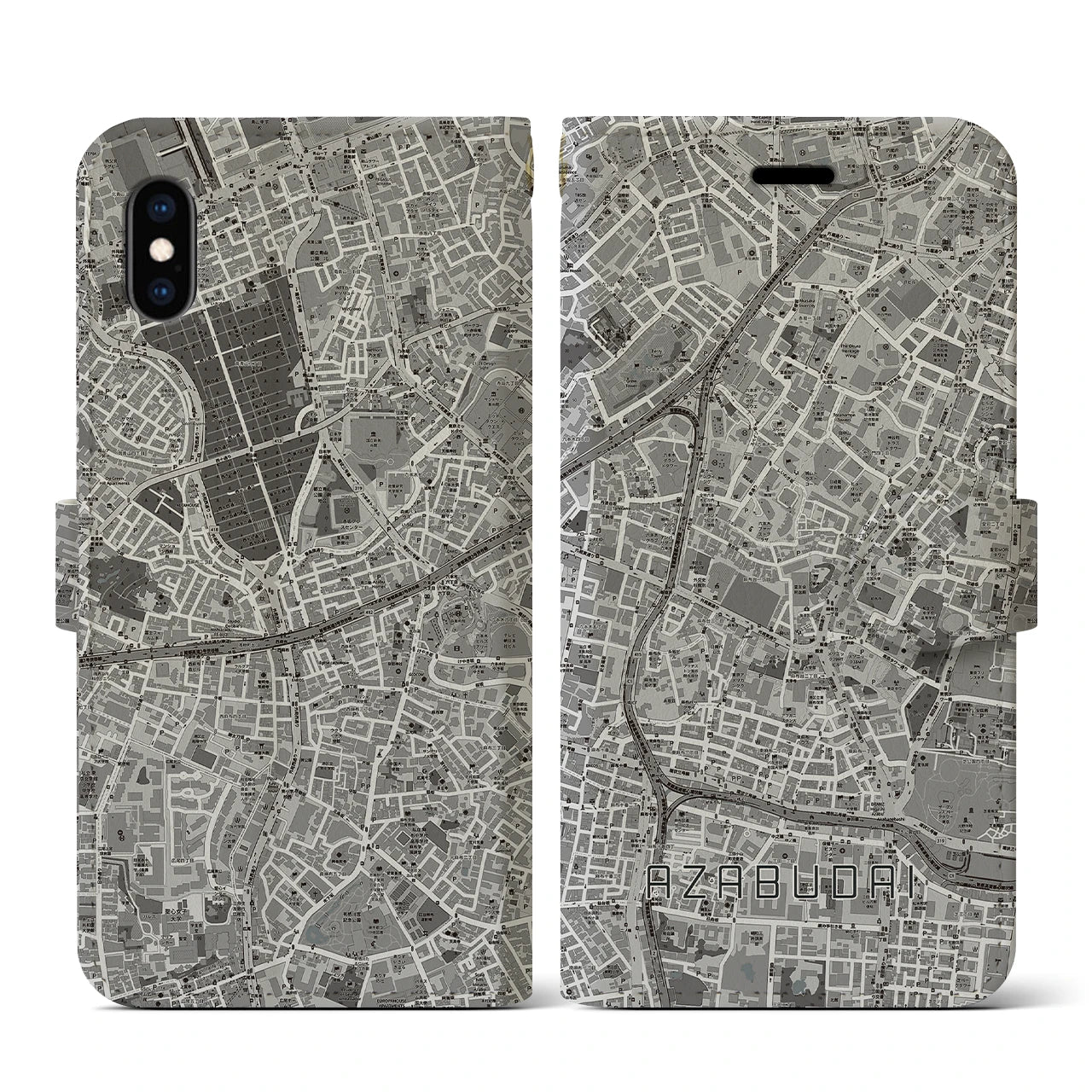 【麻布台(東京都)】地図柄iPhoneケース(手帳タイプ)モノトーン・iPhone XS / X 用