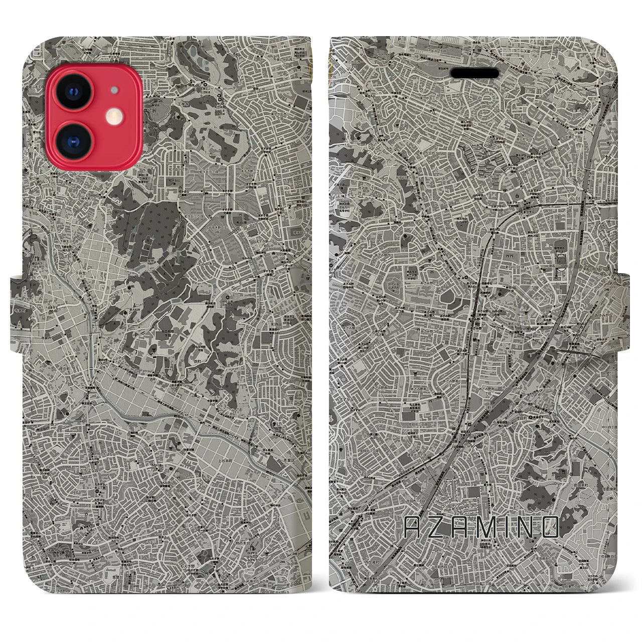 【あざみ野(神奈川県)】地図柄iPhoneケース(手帳タイプ)モノトーン・iPhone 11 用