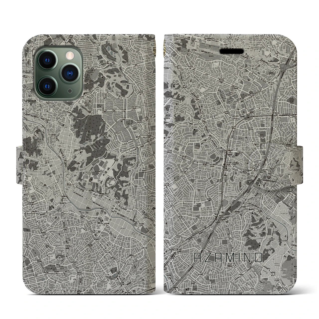【あざみ野(神奈川県)】地図柄iPhoneケース(手帳タイプ)モノトーン・iPhone 11 Pro 用