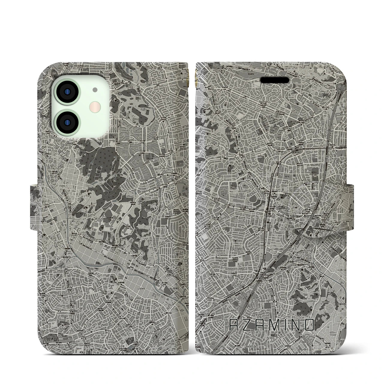 【あざみ野(神奈川県)】地図柄iPhoneケース(手帳タイプ)モノトーン・iPhone 12 mini 用