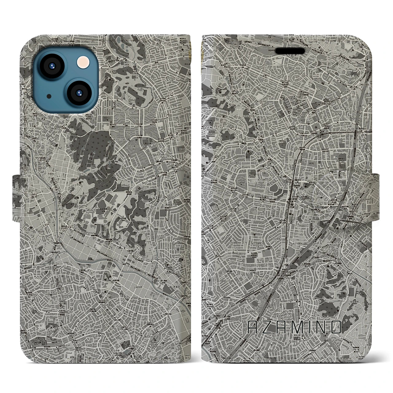 【あざみ野(神奈川県)】地図柄iPhoneケース(手帳タイプ)モノトーン・iPhone 13 用