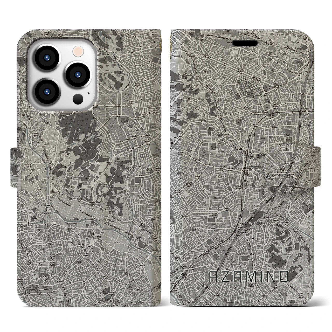 【あざみ野(神奈川県)】地図柄iPhoneケース(手帳タイプ)モノトーン・iPhone 13 Pro 用