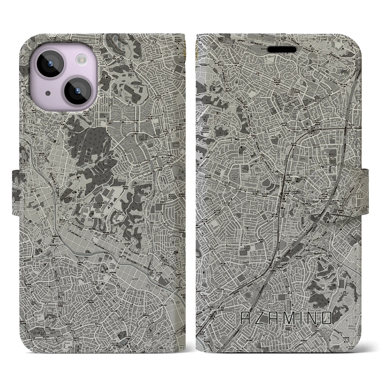 【あざみ野(神奈川県)】地図柄iPhoneケース(手帳タイプ)モノトーン・iPhone 14 用