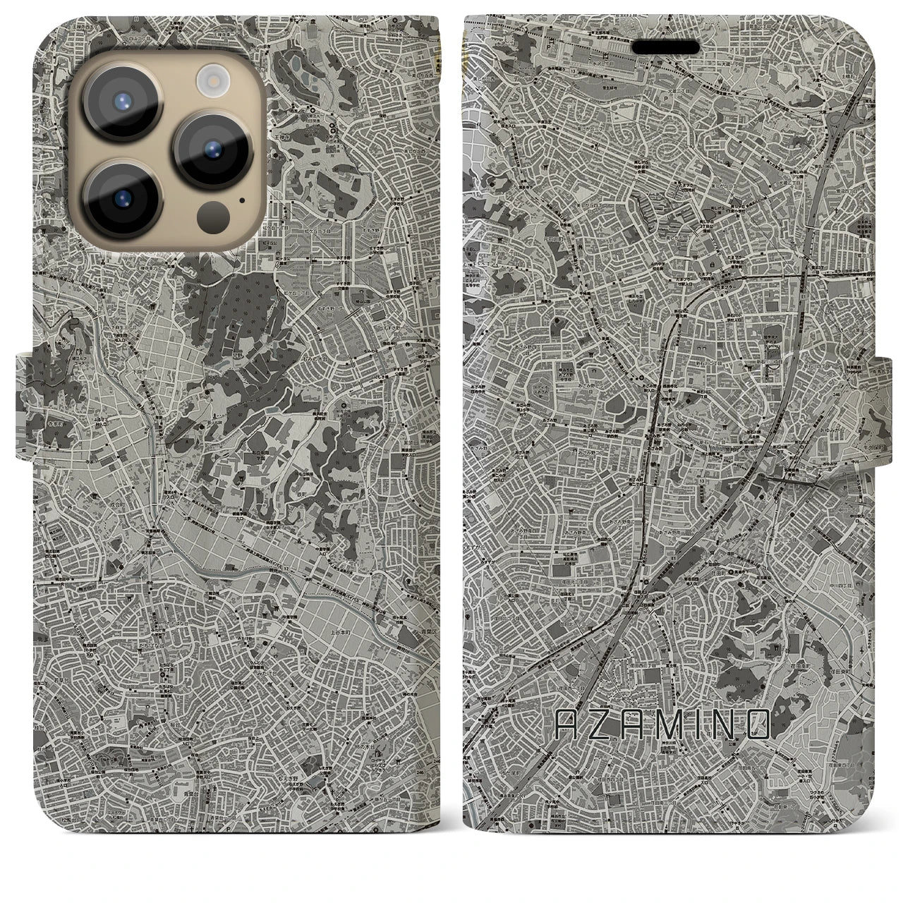【あざみ野(神奈川県)】地図柄iPhoneケース(手帳タイプ)モノトーン・iPhone 14 Pro Max 用