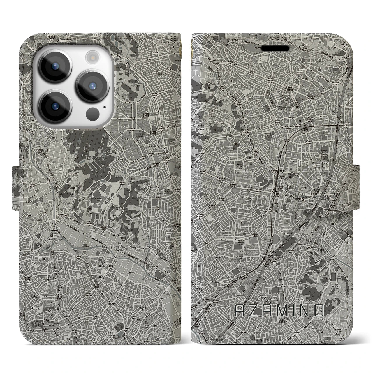 【あざみ野(神奈川県)】地図柄iPhoneケース(手帳タイプ)モノトーン・iPhone 14 Pro 用