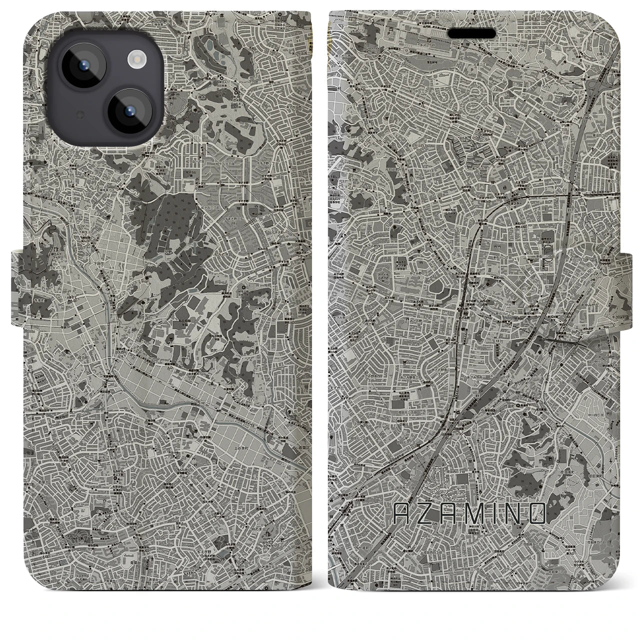 【あざみ野(神奈川県)】地図柄iPhoneケース(手帳タイプ)モノトーン・iPhone 14 Plus 用