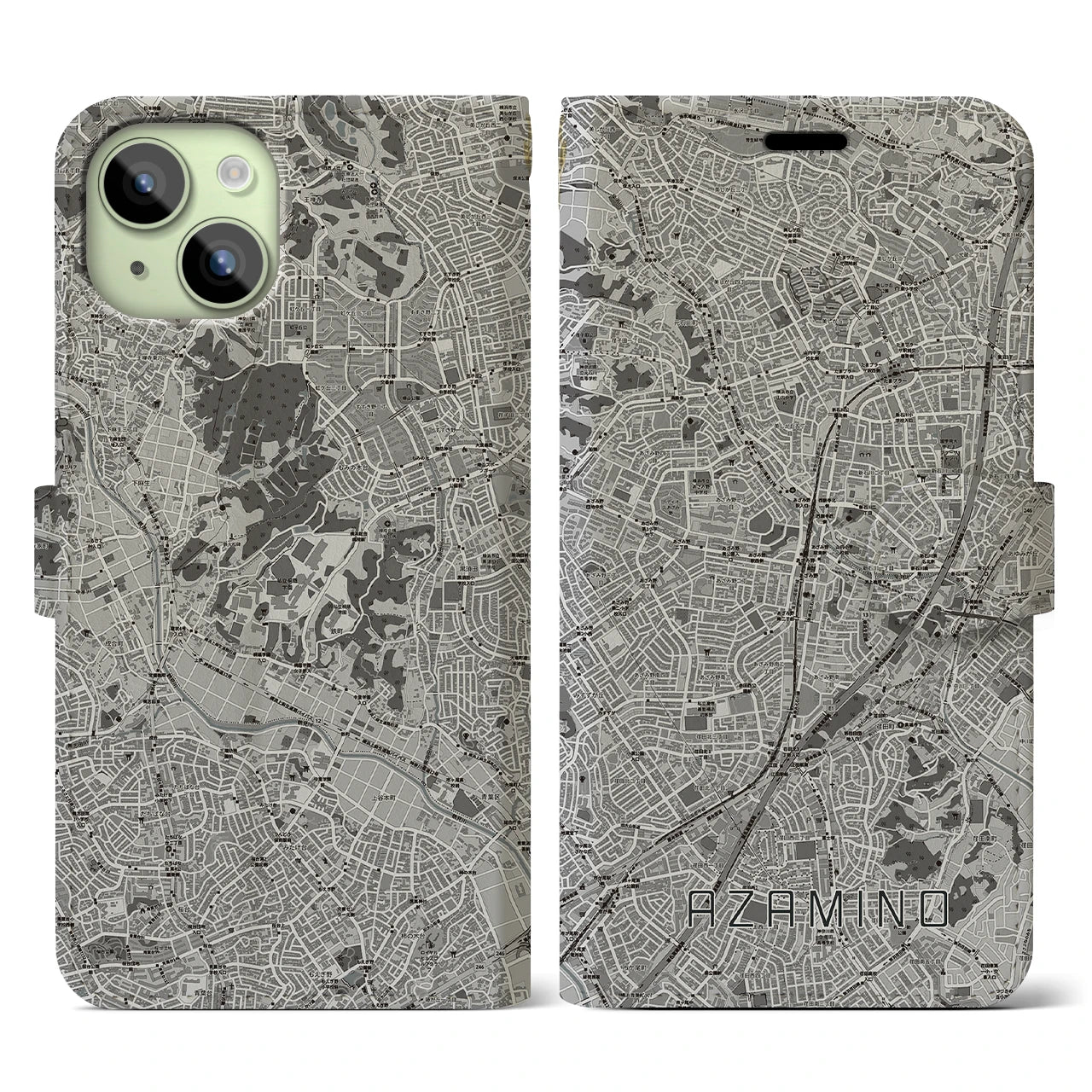 【あざみ野(神奈川県)】地図柄iPhoneケース(手帳タイプ)モノトーン・iPhone 15 用