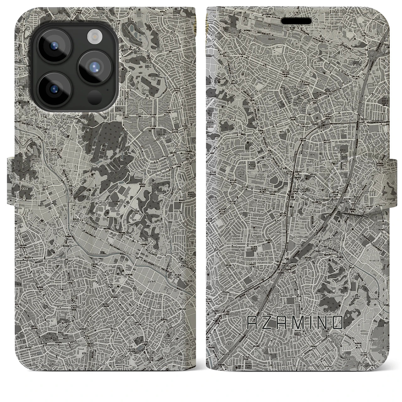 【あざみ野(神奈川県)】地図柄iPhoneケース(手帳タイプ)モノトーン・iPhone 15 Pro Max 用