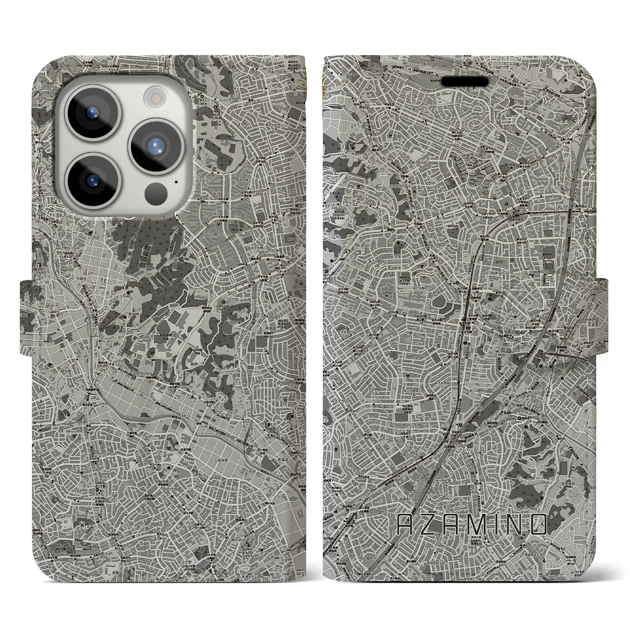 【あざみ野(神奈川県)】地図柄iPhoneケース(手帳タイプ)モノトーン・iPhone 15 Pro 用