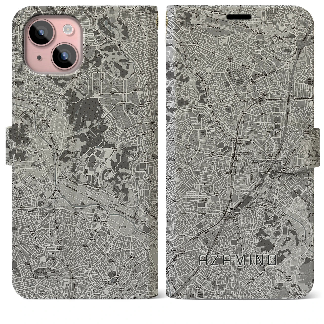 【あざみ野(神奈川県)】地図柄iPhoneケース(手帳タイプ)モノトーン・iPhone 15 Plus 用