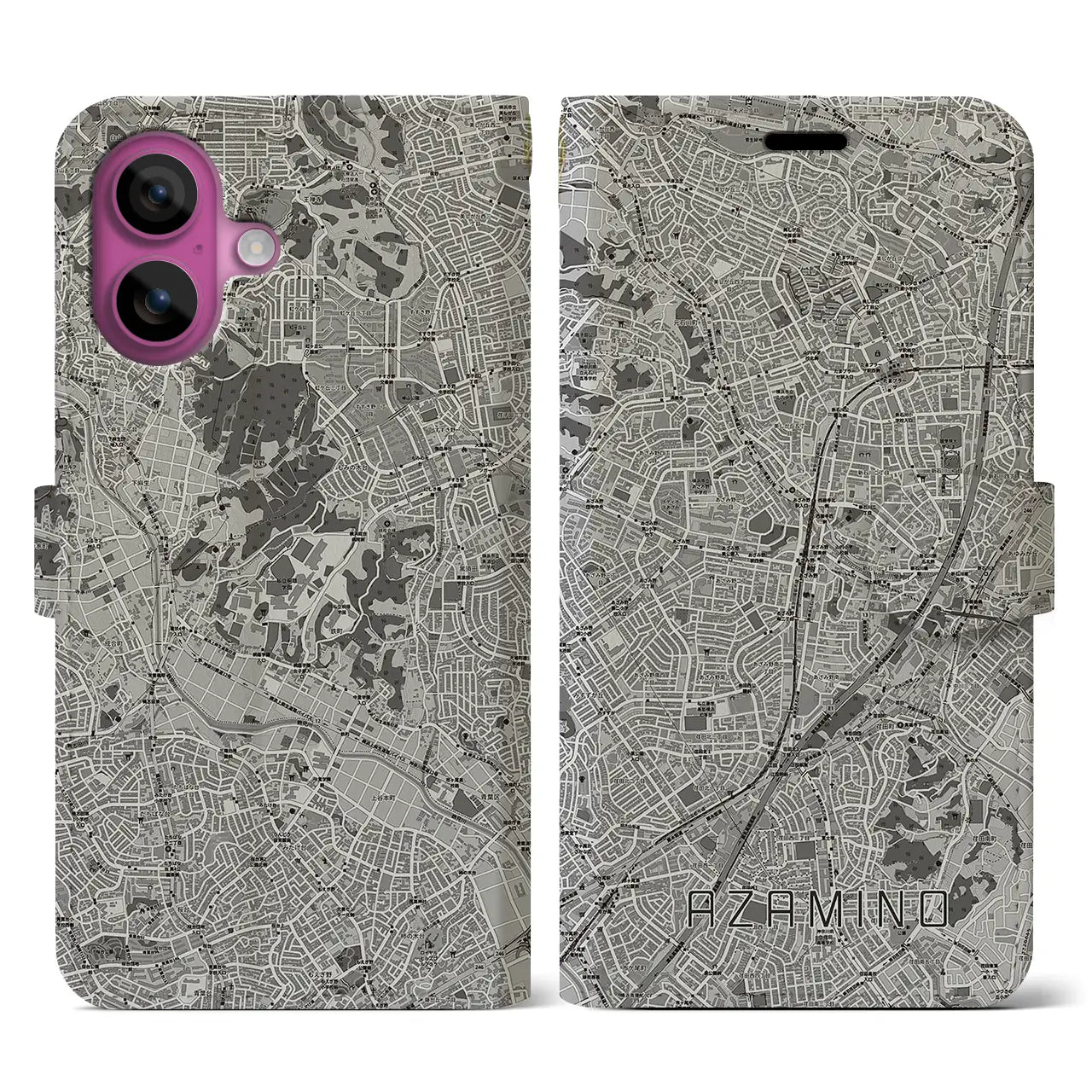 【あざみ野(神奈川県)】地図柄iPhoneケース(手帳タイプ)モノトーン・iPhone 16 Pro 用