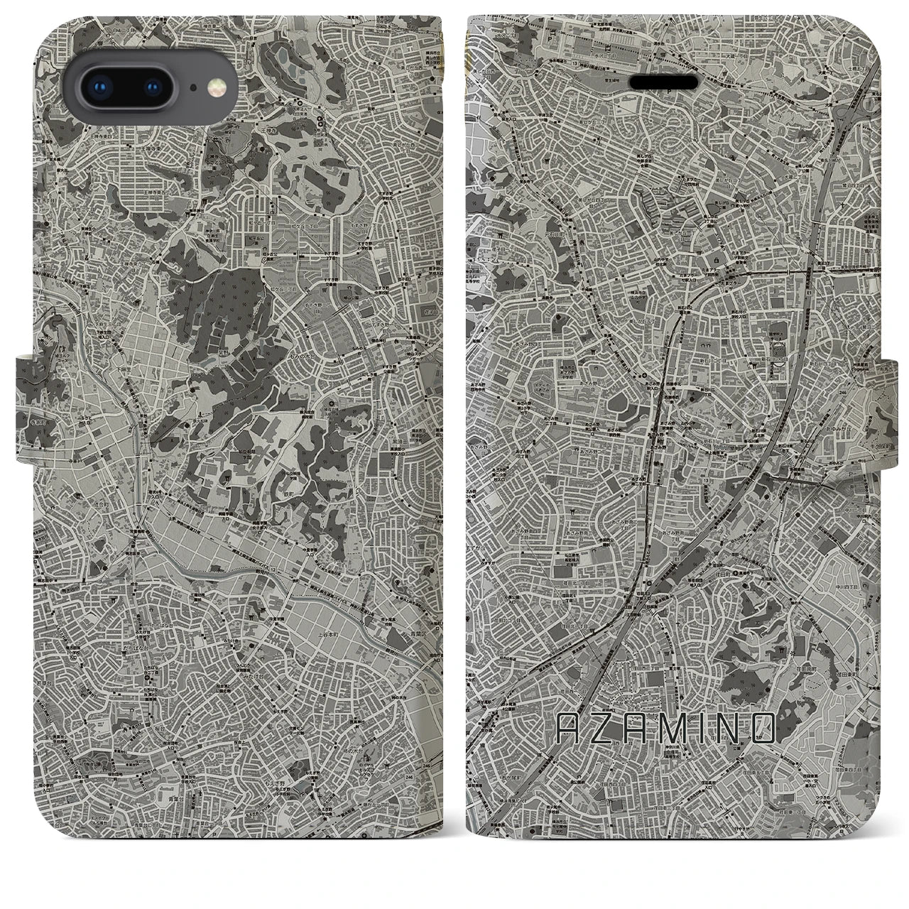【あざみ野(神奈川県)】地図柄iPhoneケース(手帳タイプ)モノトーン・iPhone 8Plus /7Plus / 6sPlus / 6Plus 用