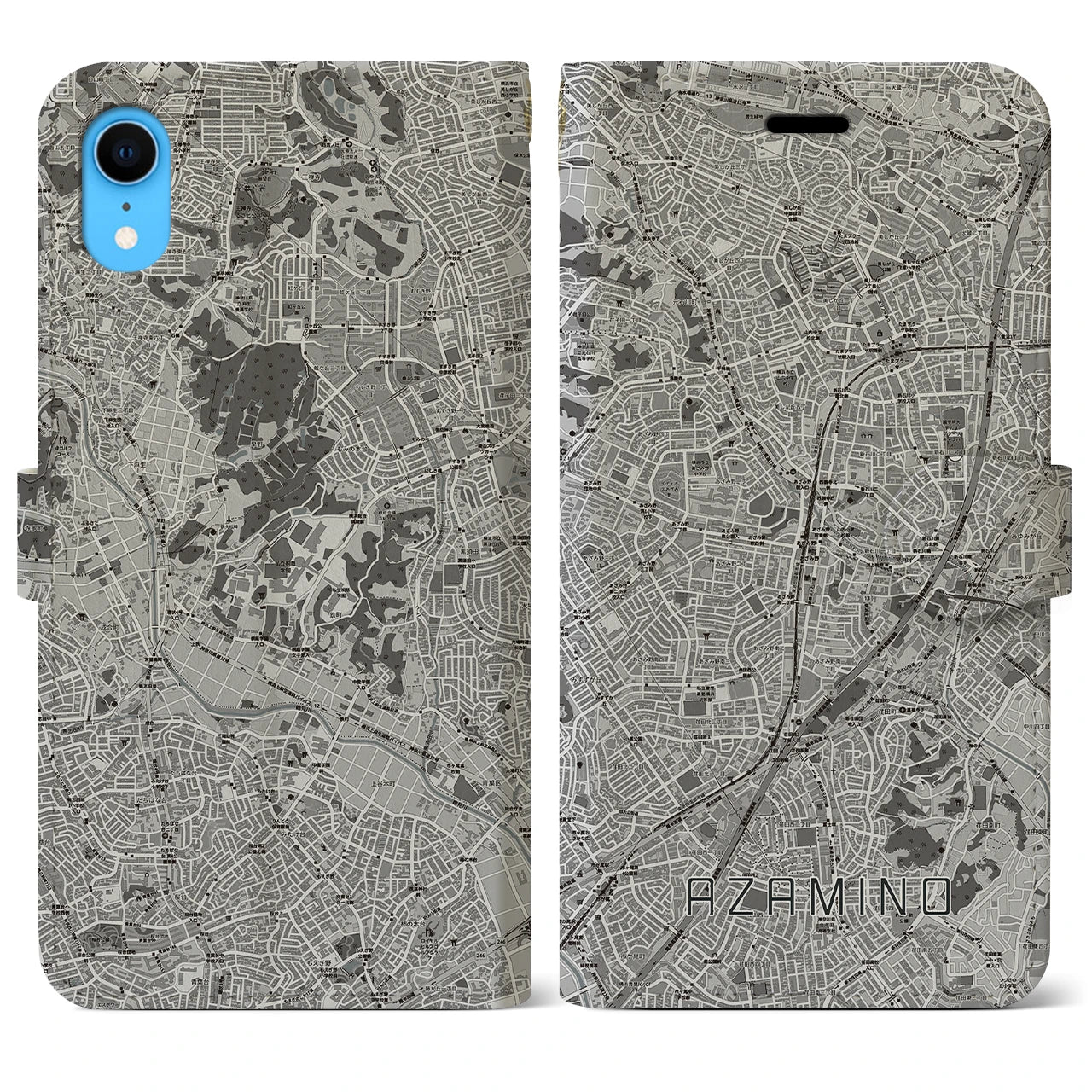 【あざみ野(神奈川県)】地図柄iPhoneケース(手帳タイプ)モノトーン・iPhone XR 用