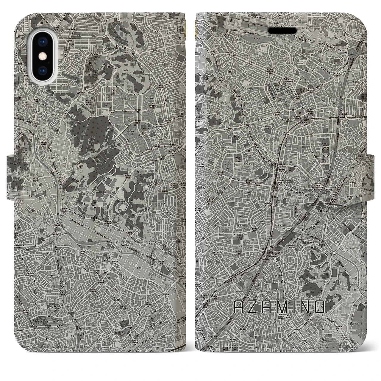【あざみ野(神奈川県)】地図柄iPhoneケース(手帳タイプ)モノトーン・iPhone XS Max 用