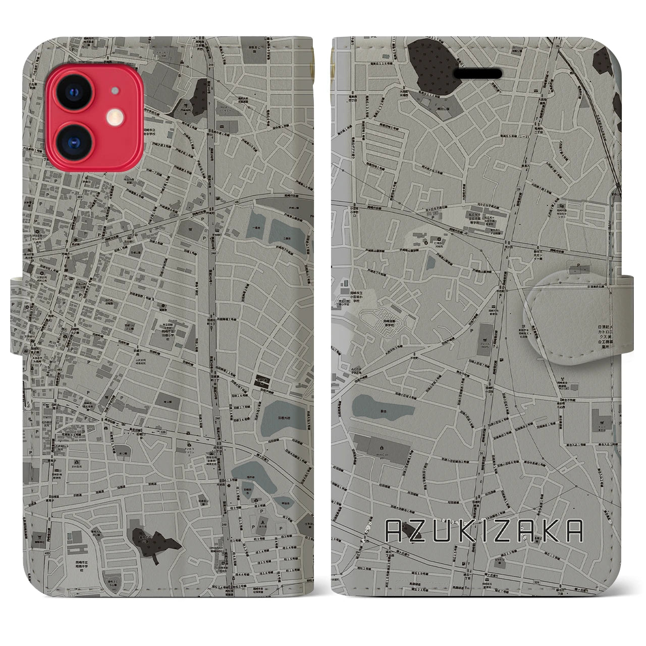【小豆坂(愛知県)】地図柄iPhoneケース(手帳タイプ)モノトーン・iPhone 11 用