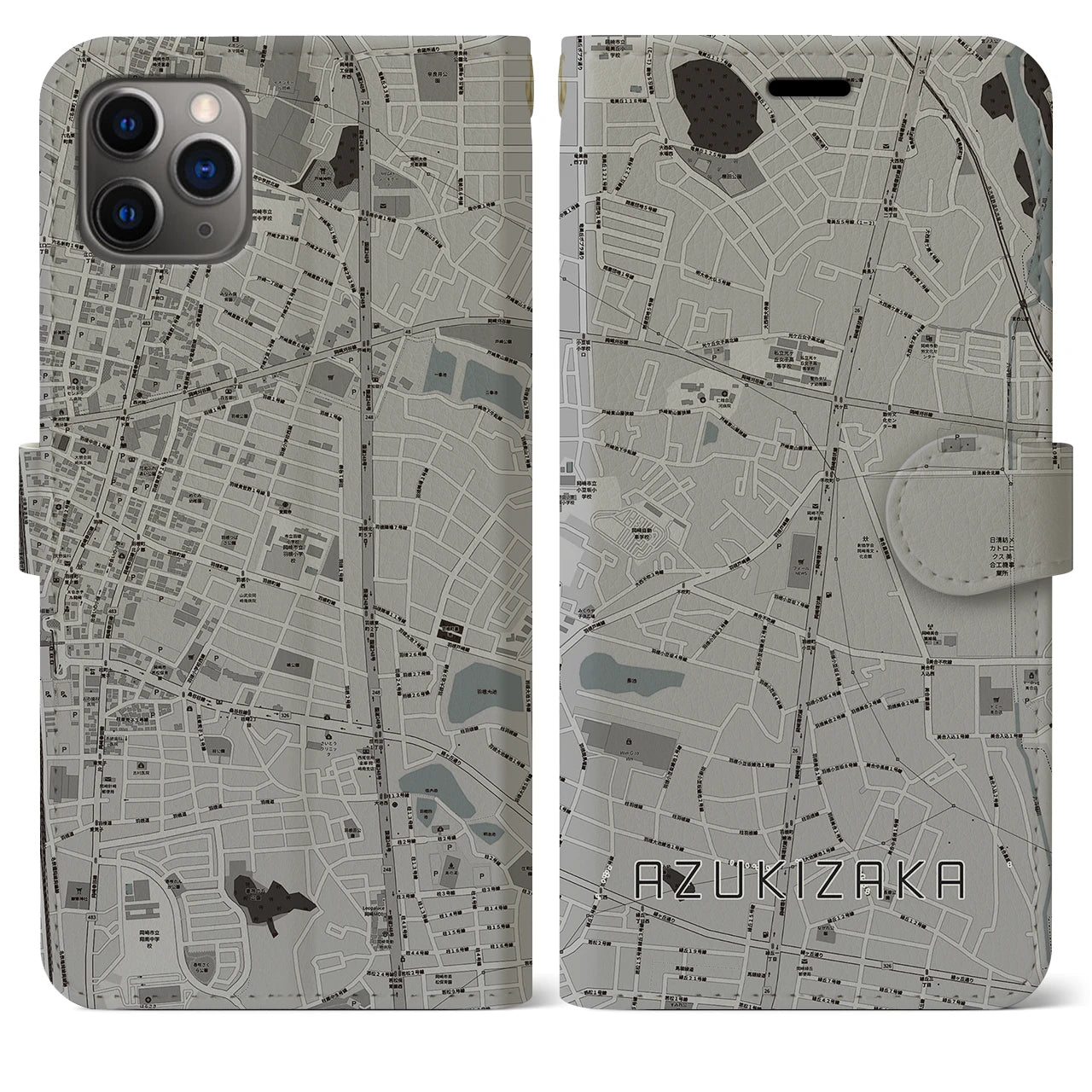 【小豆坂(愛知県)】地図柄iPhoneケース(手帳タイプ)モノトーン・iPhone 11 Pro Max 用