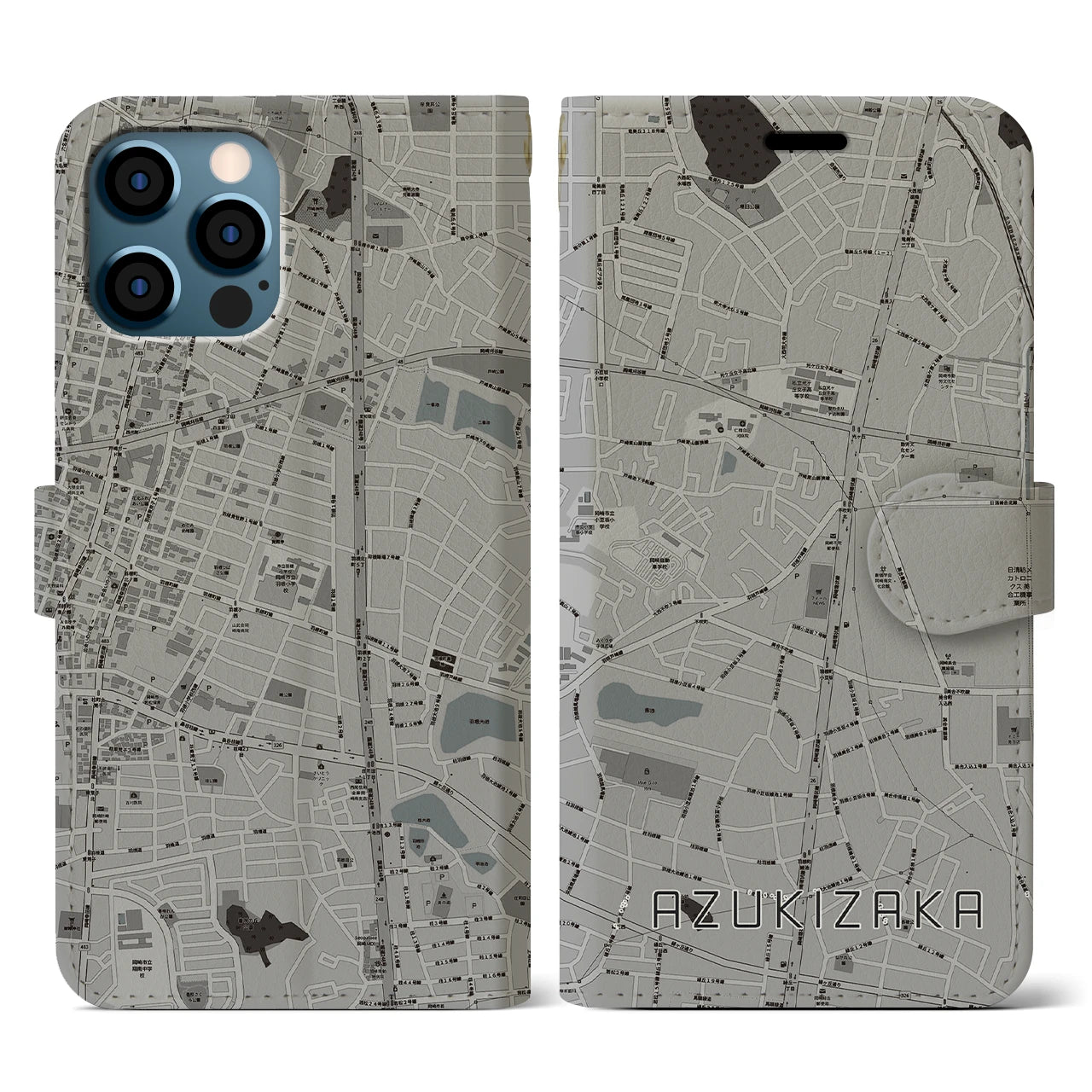 【小豆坂(愛知県)】地図柄iPhoneケース(手帳タイプ)モノトーン・iPhone 12 / 12 Pro 用