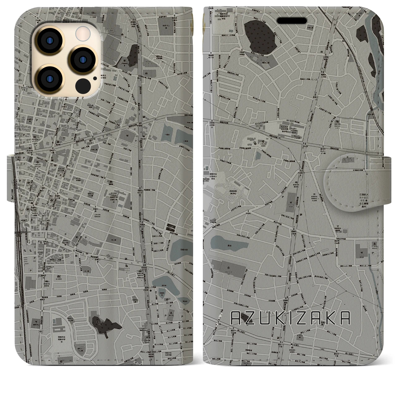 【小豆坂(愛知県)】地図柄iPhoneケース(手帳タイプ)モノトーン・iPhone 12 Pro Max 用