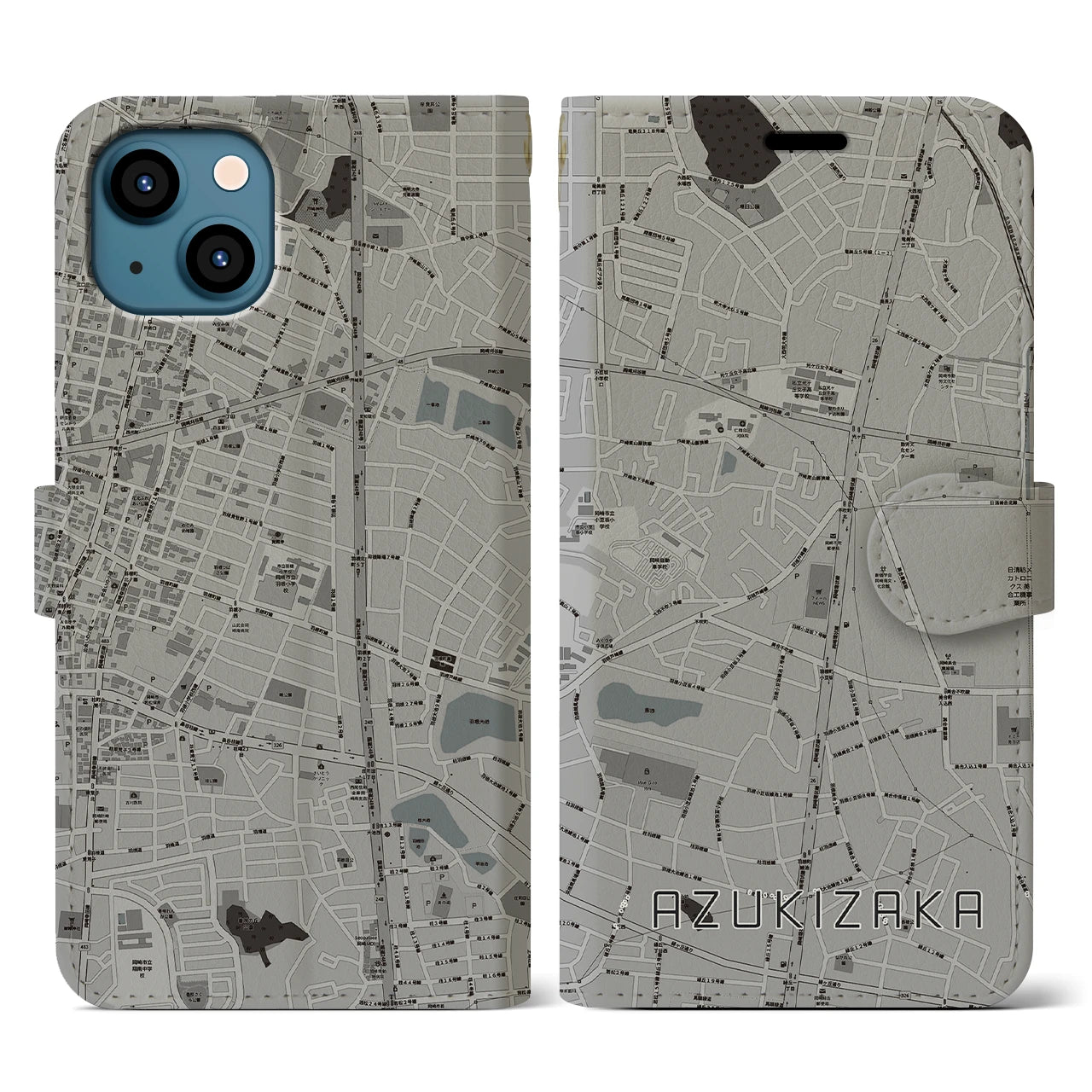 【小豆坂(愛知県)】地図柄iPhoneケース(手帳タイプ)モノトーン・iPhone 13 用